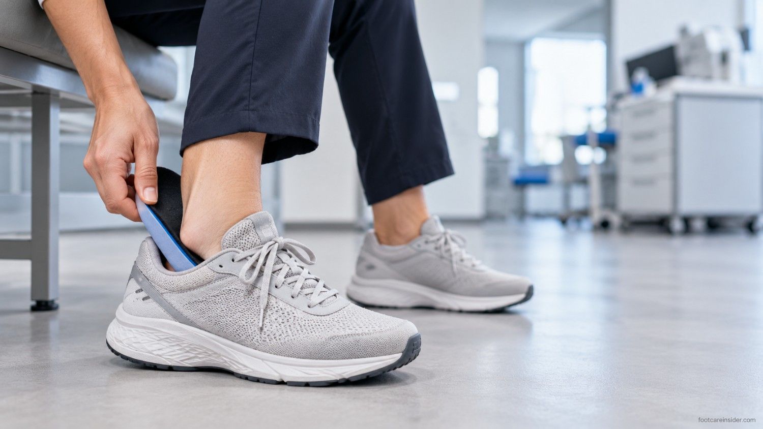 Adult adjusting a walking shoe with a slim insole during a long workday.