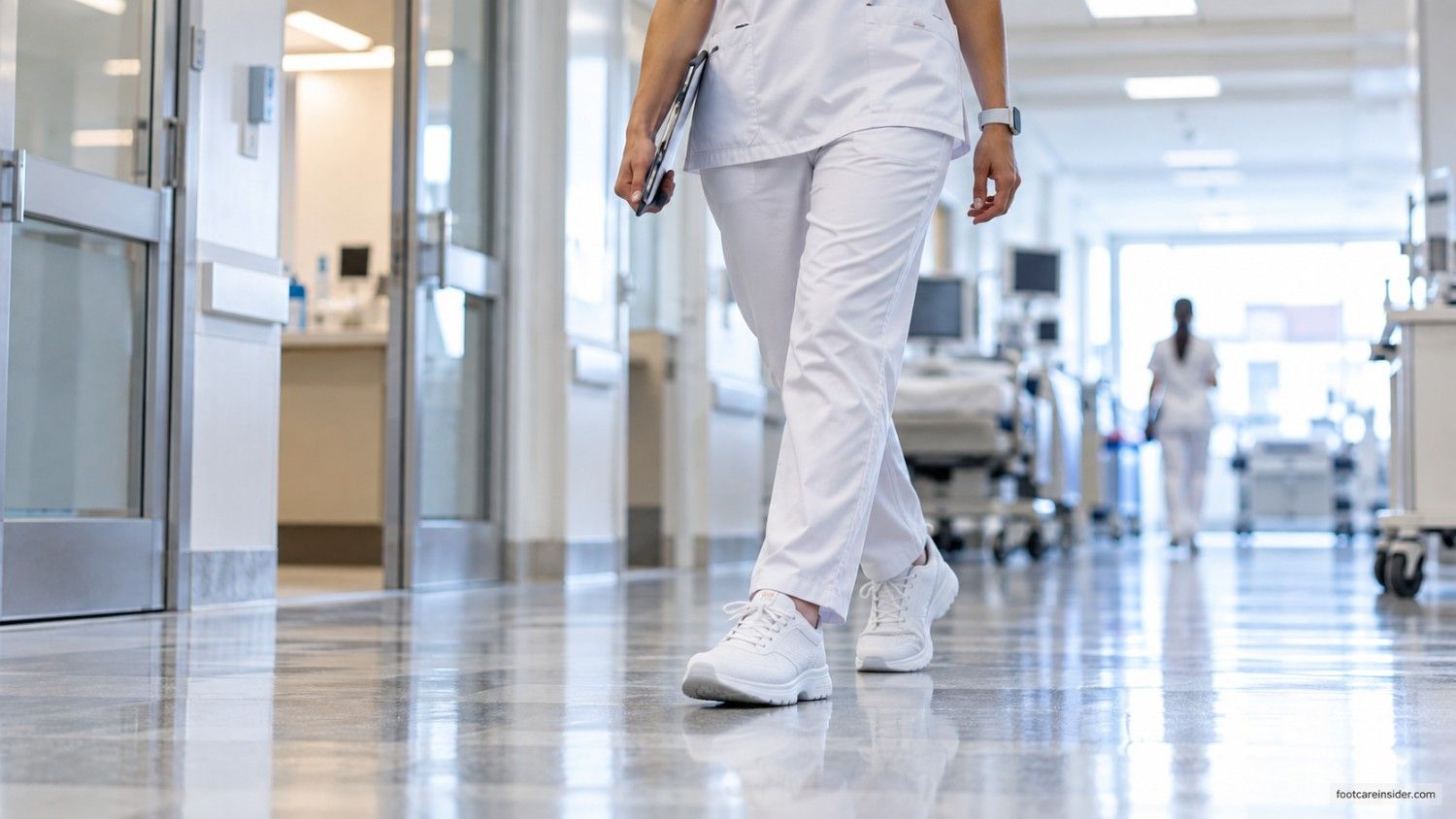 Nurse walking through a hospital corridor in white work shoes during a long shift.