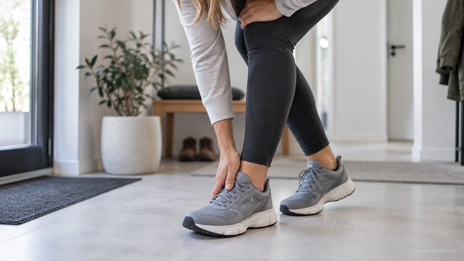 Person adjusting a walking shoe after a long walk with subtle side-of-foot discomfort.