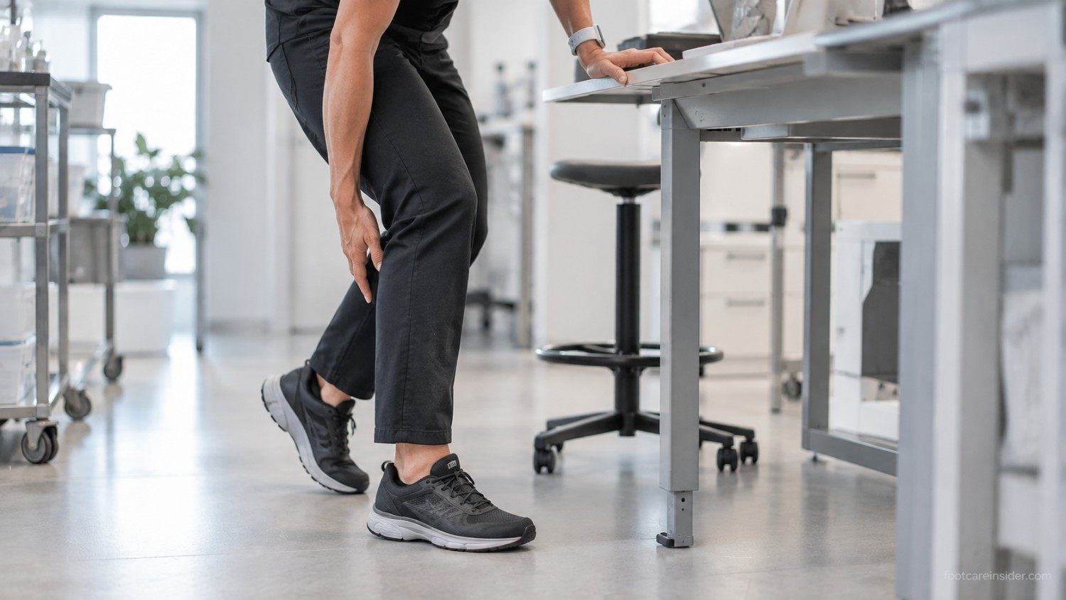 Person standing at work after a long shift with subtle foot arch discomfort.