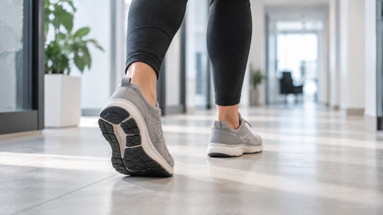 Person walking with one foot landing on the heel while the other supports the arch during a natural stride.