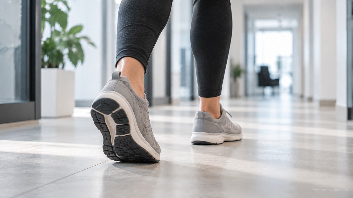 Person walking with one foot landing on the heel while the other supports the arch during a natural stride.
