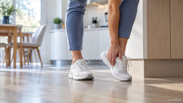 Adult standing on a hard floor and gently shifting weight off the forefoot after prolonged standing.