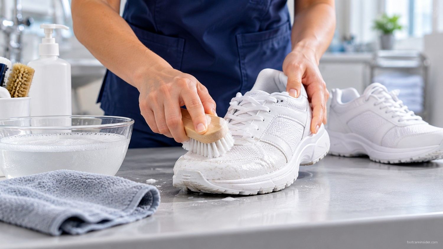 Cleaning a white nursing shoe with a soft brush and mild soapy water to remove everyday dirt and scuff marks.