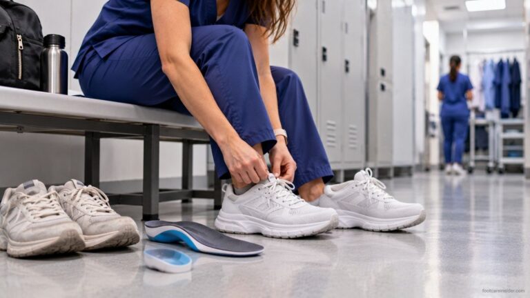 Nurse's work sneakers and supportive insoles arranged beside a bench in a hospital staff changing area.