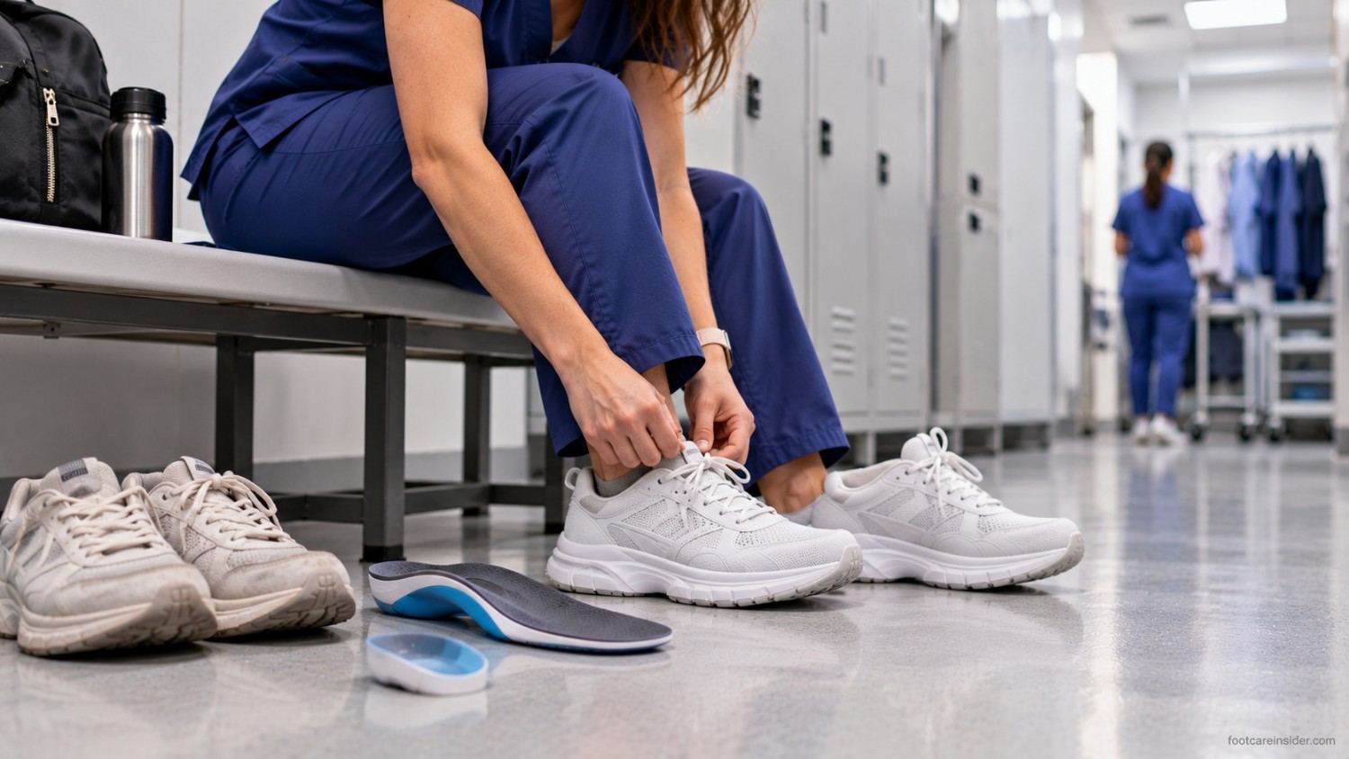 Nurse's work sneakers and supportive insoles arranged beside a bench in a hospital staff changing area.