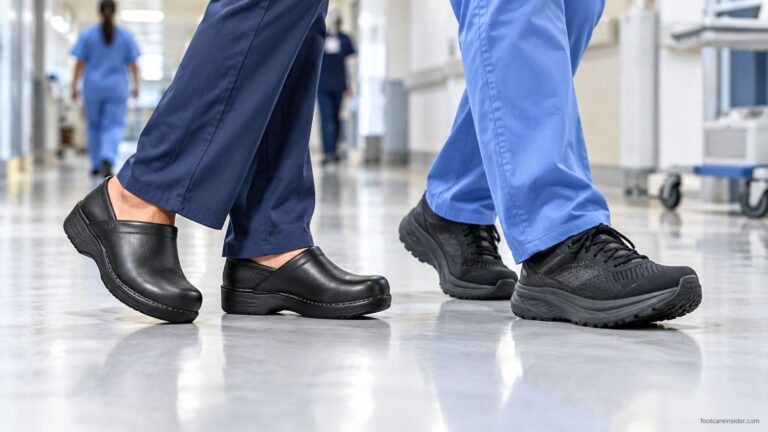 Two healthcare workers walking in a hospital corridor, one wearing a structured clog and the other cushioned work sneakers.