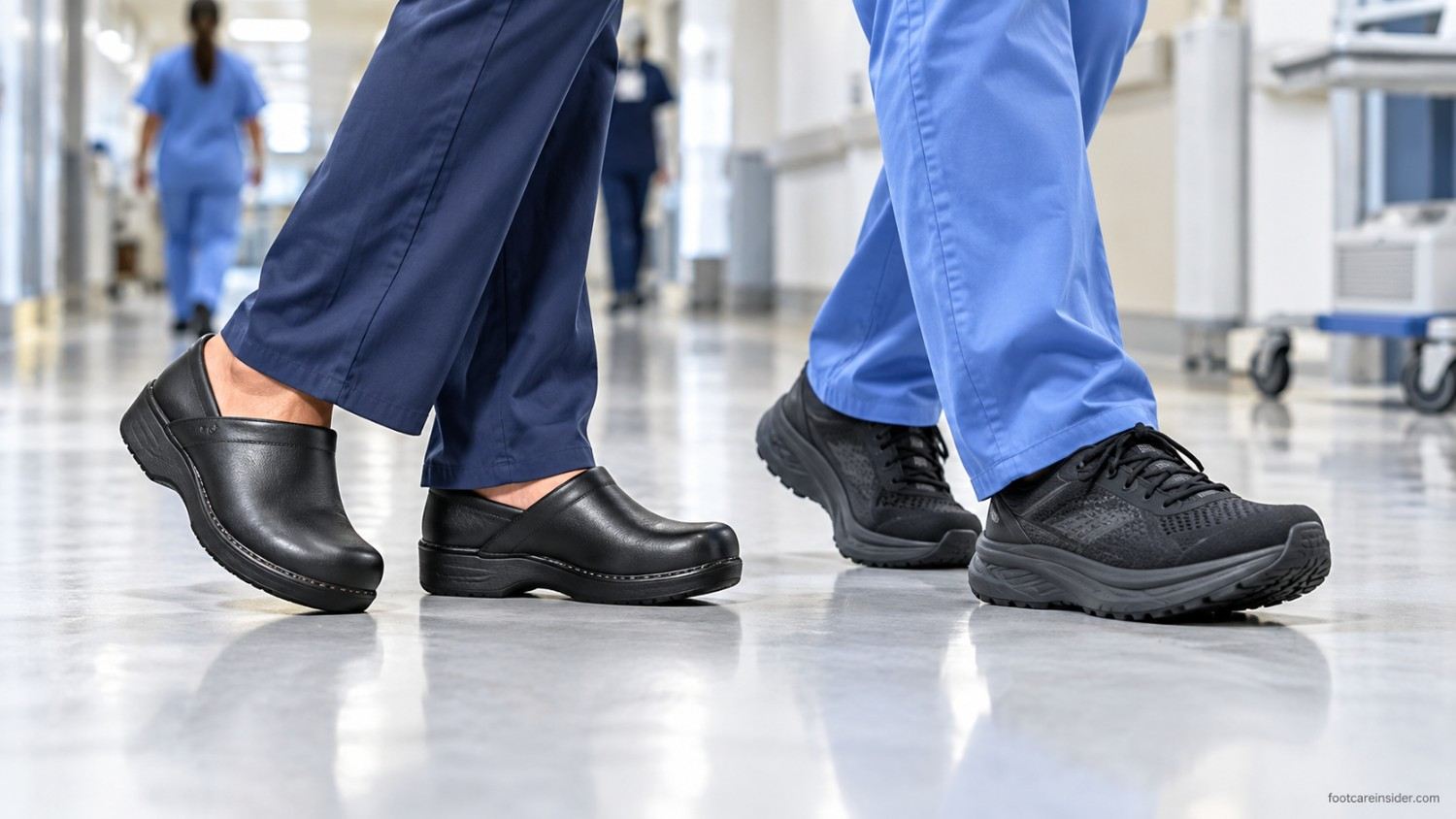Two healthcare workers walking in a hospital corridor, one wearing a structured clog and the other cushioned work sneakers.