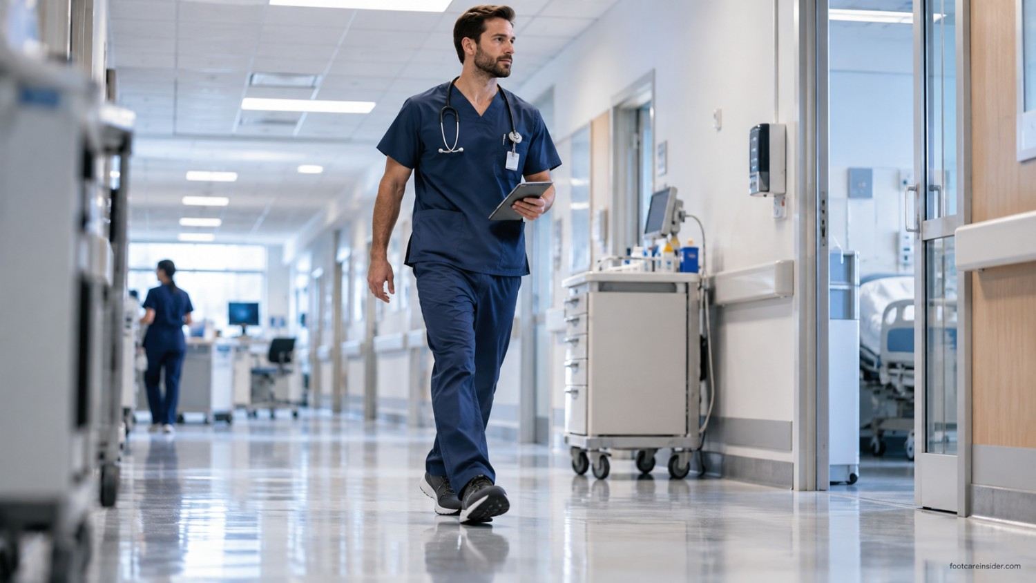 Male nurse walking through a hospital corridor in cushioned work shoes during a long shift.