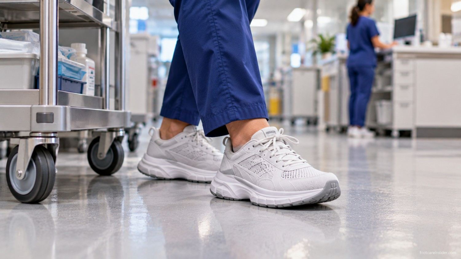 Nurse standing in wide-fit work sneakers with a roomy toe box on a hospital staff-area floor.