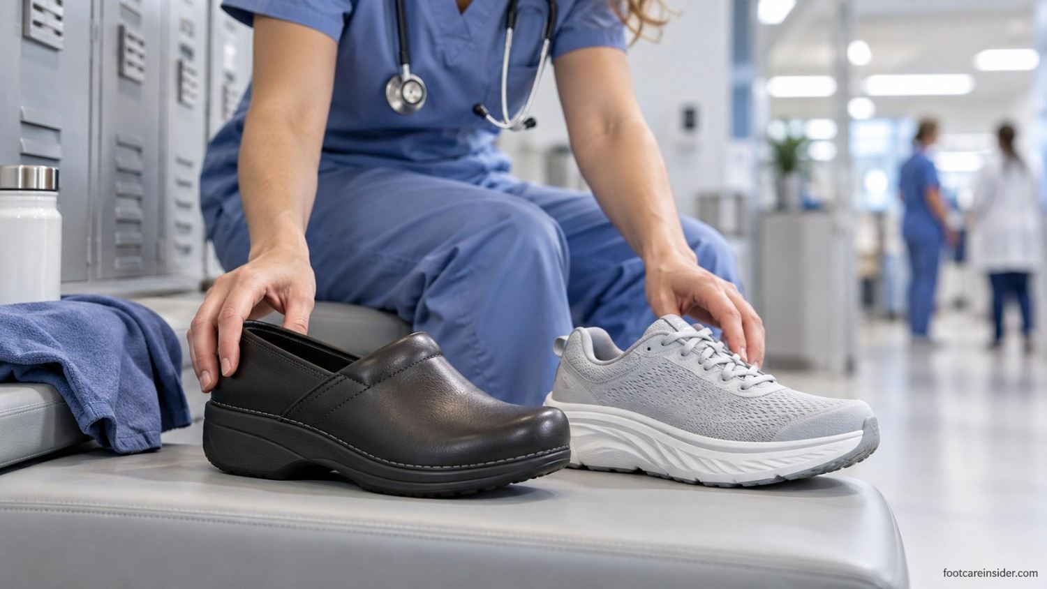 Nurse comparing a structured work clog with a thickly cushioned athletic shoe before a long hospital shift.
