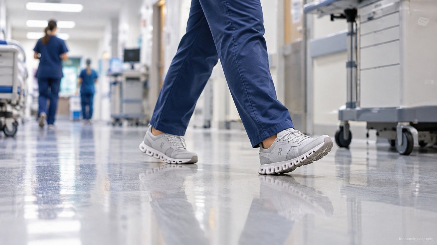 Nurse walking through a hospital hallway in cushioned shoes during a long shift.