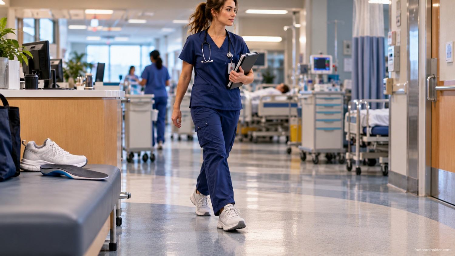 Nurse in navy scrubs wearing supportive white work sneakers while walking through a hospital ward.