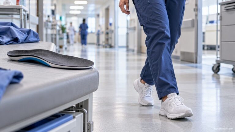Nurse walking across a hospital corridor in work sneakers, with a supportive insole nearby.
