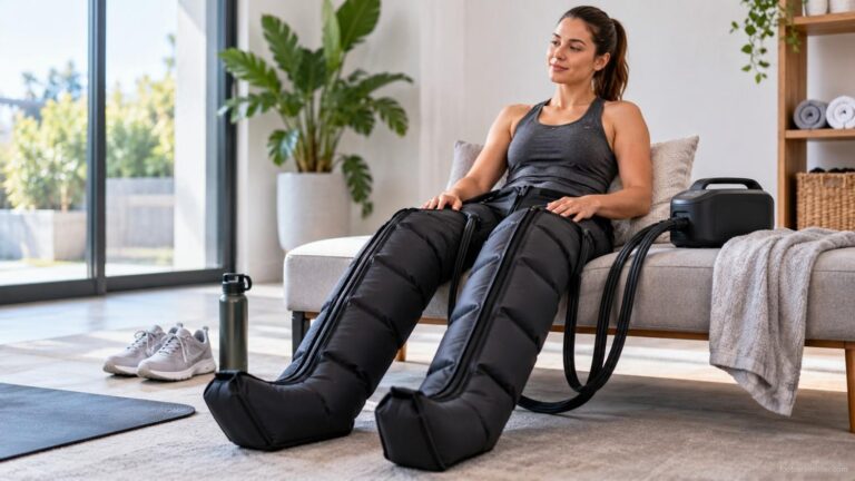 Adult athlete relaxing in leg compression boots after a workout.