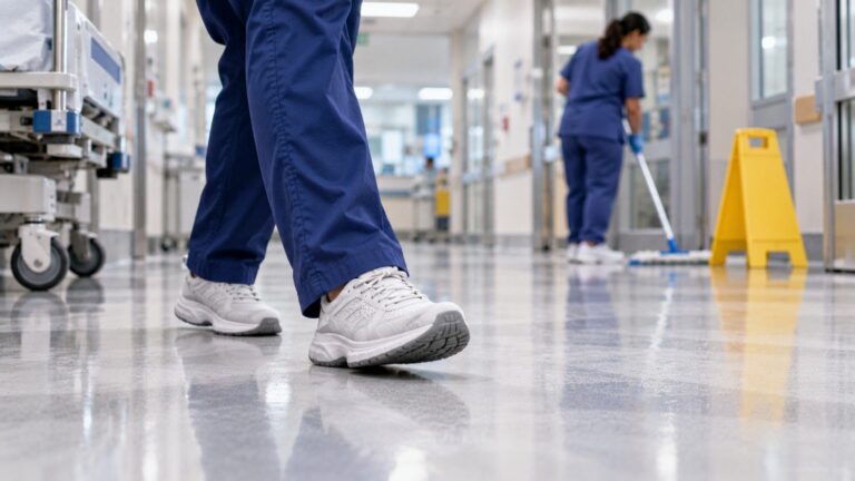 Nurse walking in work sneakers across a smooth hospital corridor floor near a recently cleaned area.