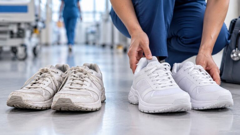 Worn white nursing shoes with flattened soles and scuffed uppers beside a newer pair on a hospital floor.