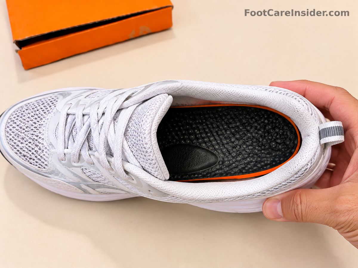 Hand placing a black insole into a white running shoe