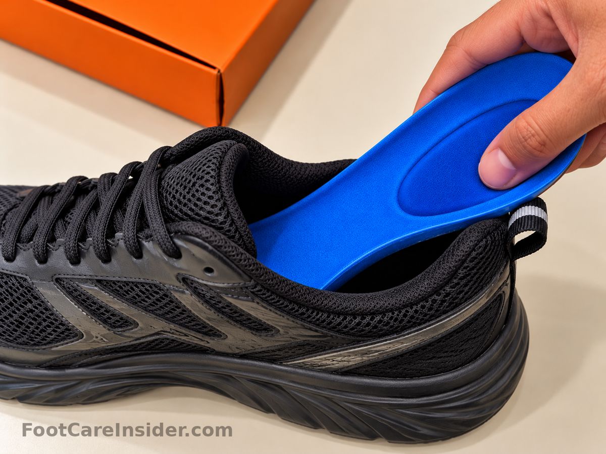 Hand placing a blue insole into a black shoe