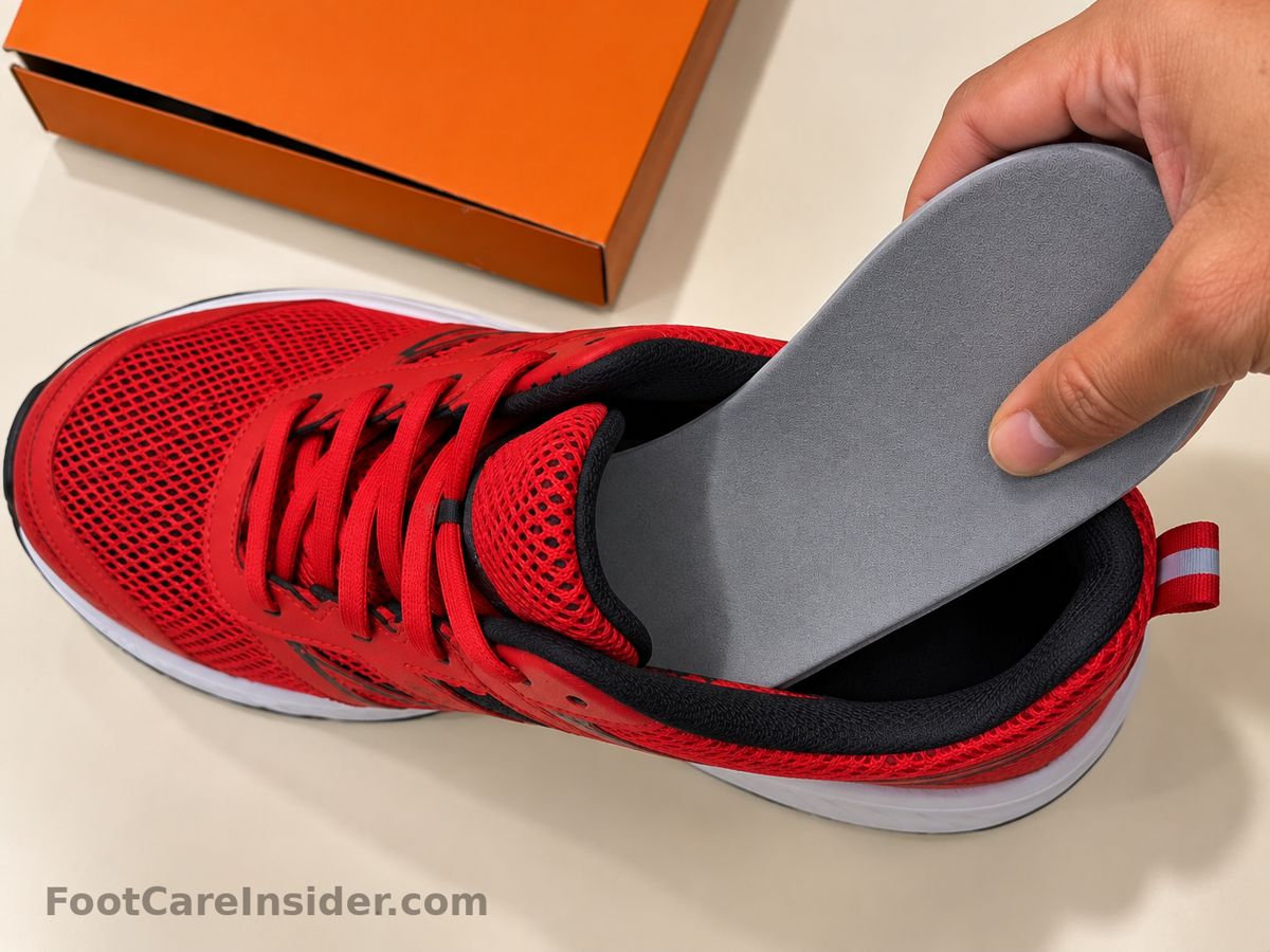 Hand placing a gray insole into a red sneaker