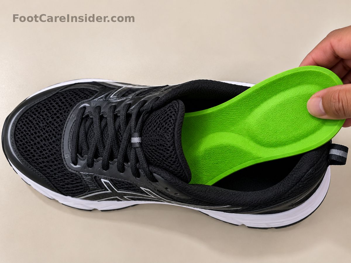 Finger pressing a bright green insole inside a black sneaker