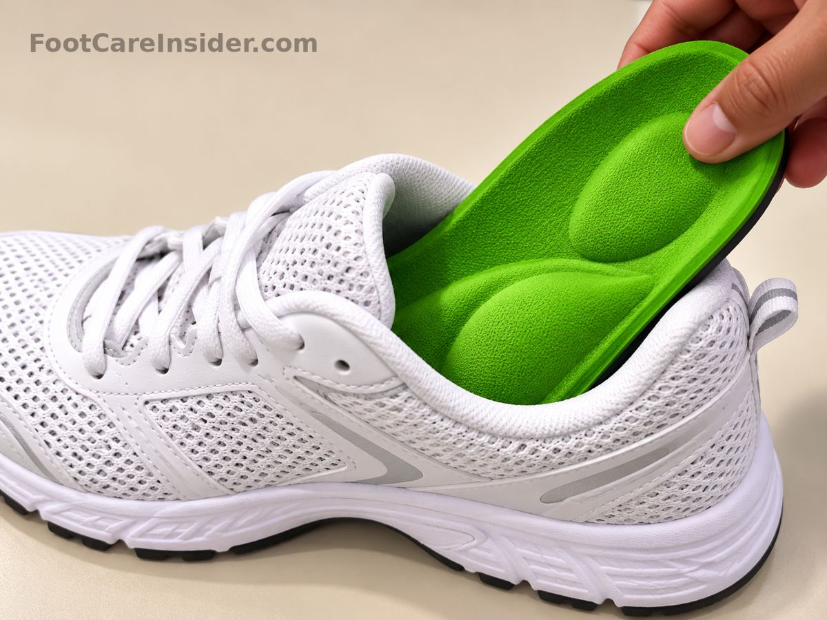 Green insole inside a white athletic shoe