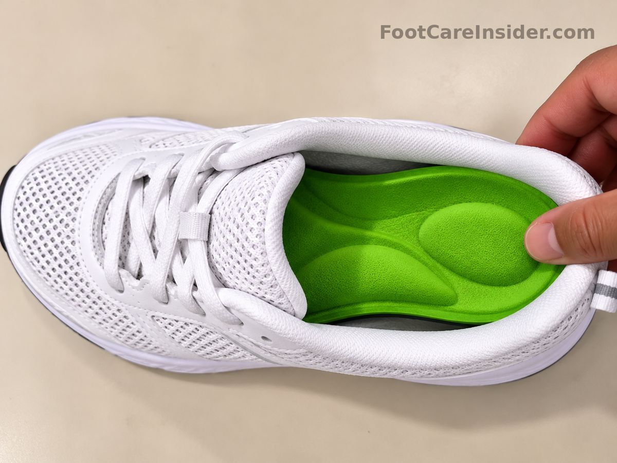Green insole inside a white sneaker with a hand holding the shoe