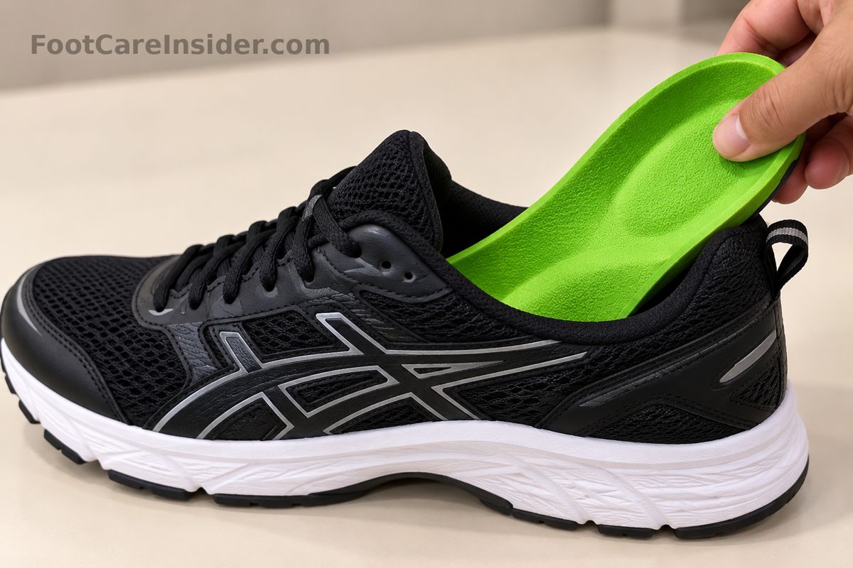 Hand placing a lime green insole into a black running shoe