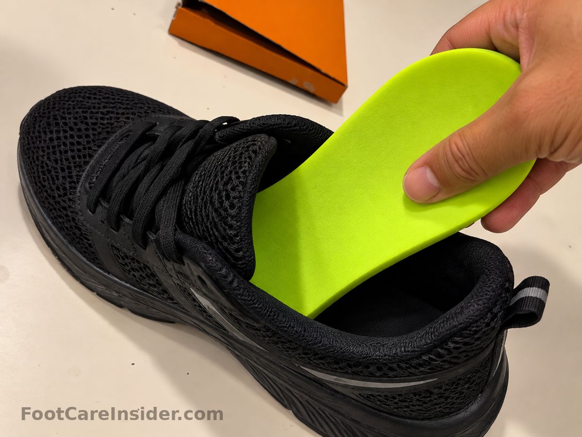 Hand placing a neon green insole into a black sneaker