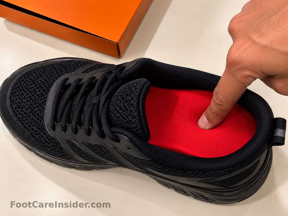 Finger pressing a red insole inside a black running shoe