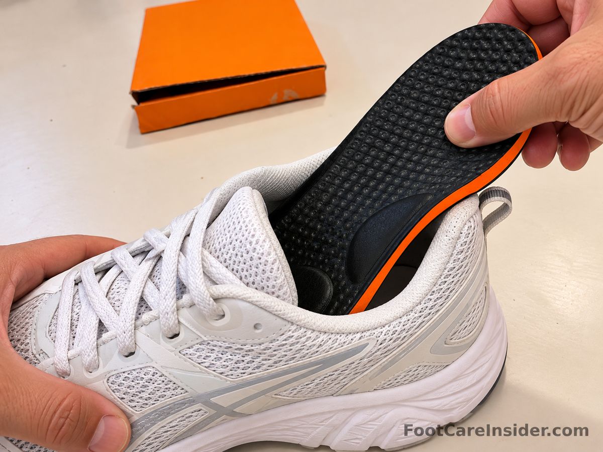 Hand placing a black textured insole into a white running shoe