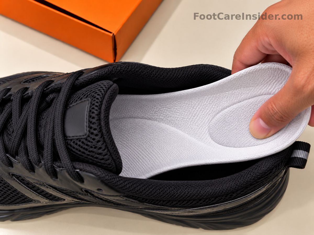 Hand placing a white insole into a black running shoe