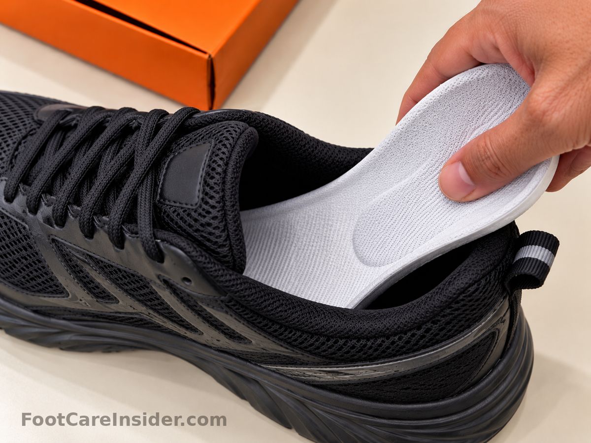 Hand placing a white insole into a black running shoe