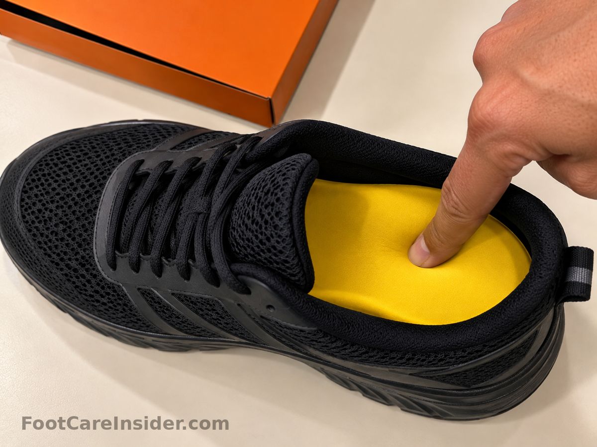 Finger pressing a yellow insole inside a black sneaker