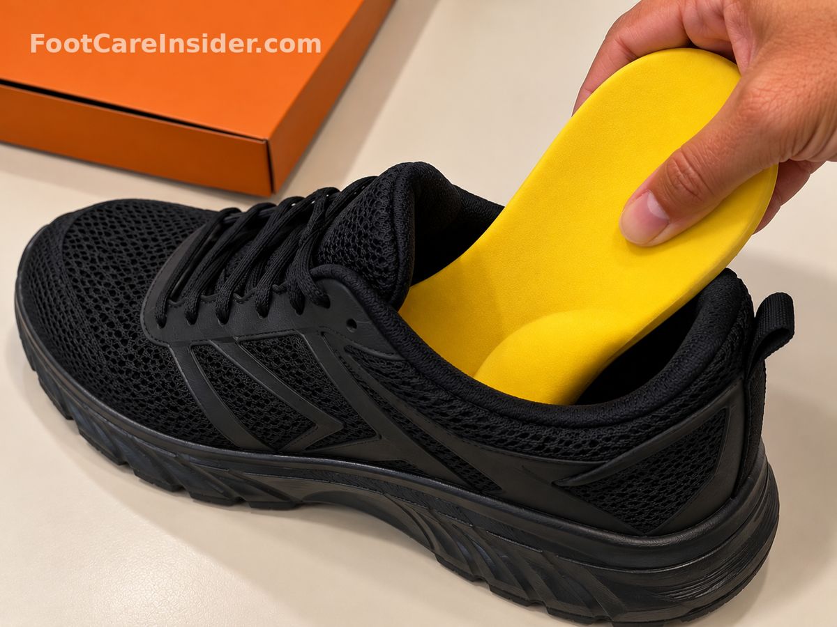 Hand placing a yellow insole into a black sneaker